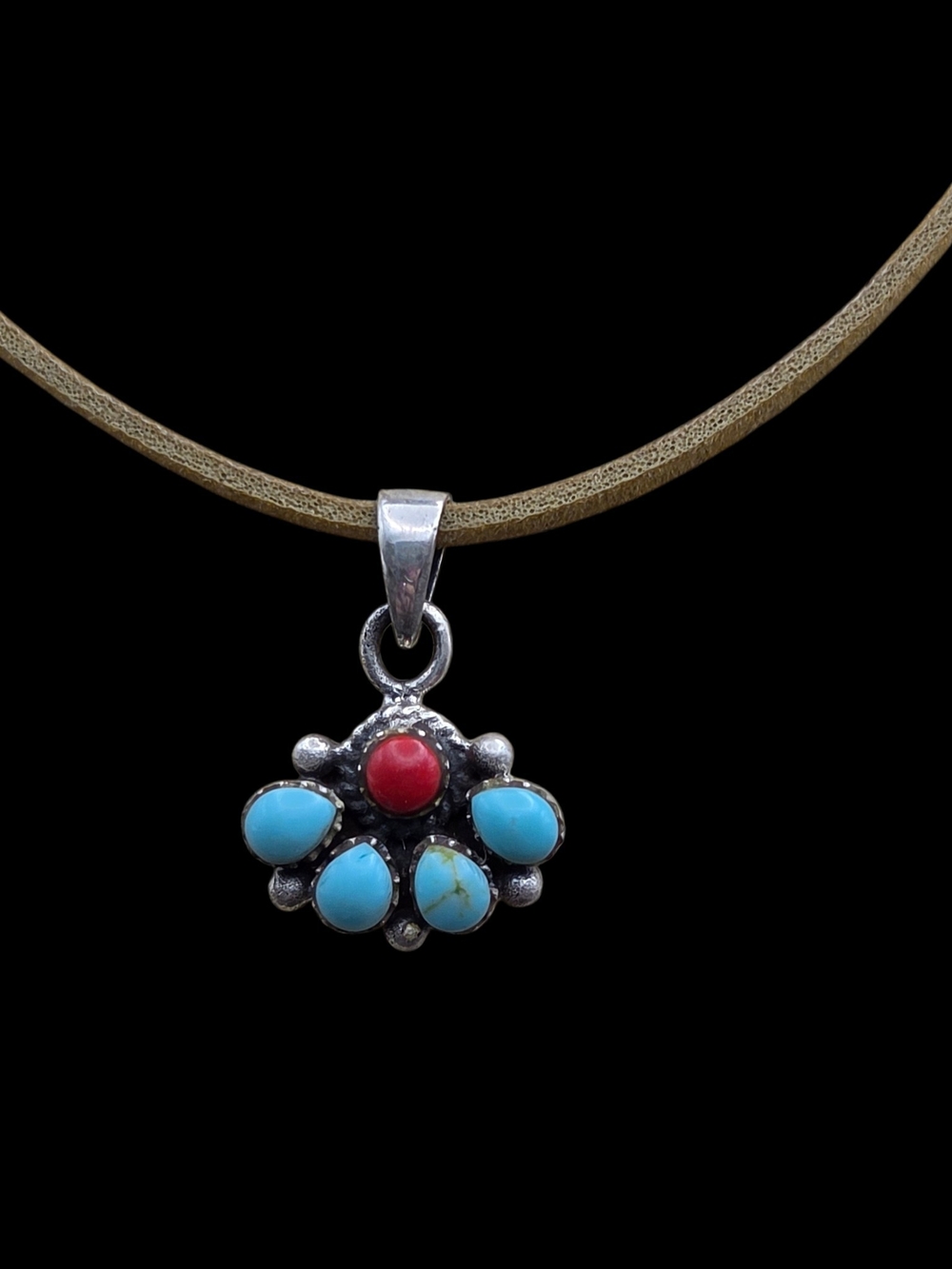 Sterling Silver Turquoise & Coral Flower Pendant Necklace - Blue and Red